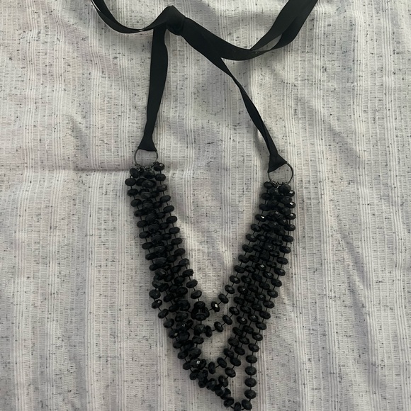 Adjustable Layered Black Bead with Ribbon Tie Necklace - Picture 1 of 1